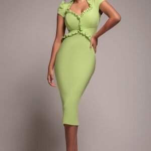 Goddiva Cap Sleeve Frill Edge Midi Dress - Lime Green
