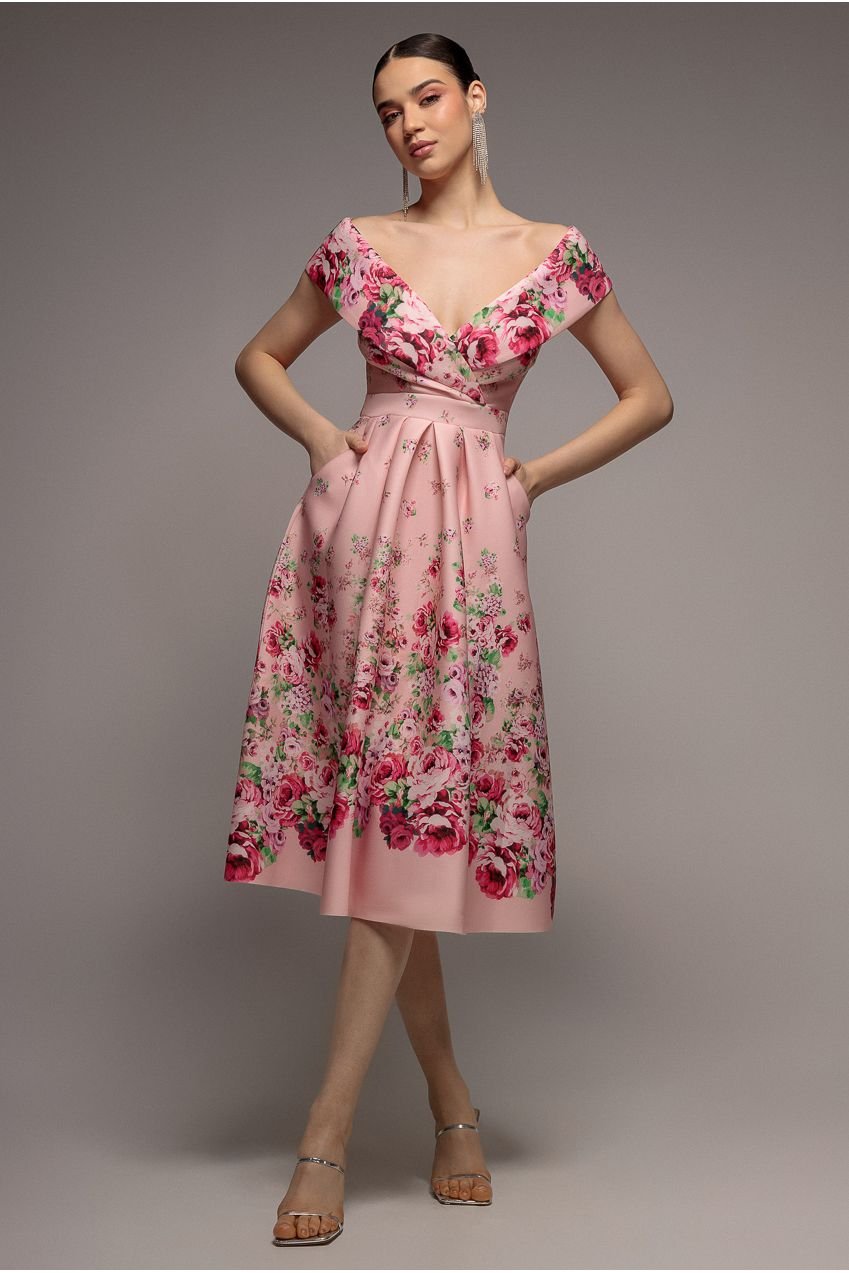 Goddiva Bardot Floral Print A-Line Scuba Foam Midi Dress – Blush