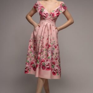 Goddiva Bardot Floral Print A-Line Scuba Foam Midi Dress - Blush