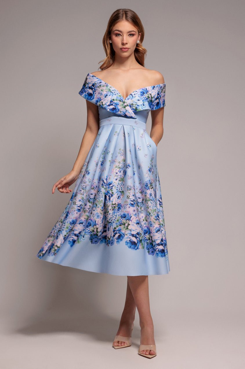 Goddiva Bardot Floral Print A-Line Scuba Foam Midi Dress – Blue