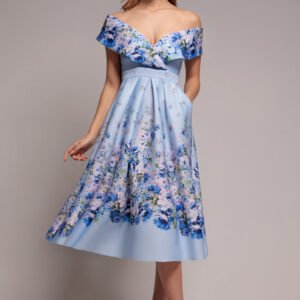 Goddiva Bardot Floral Print A-Line Scuba Foam Midi Dress - Blue