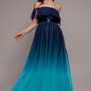 Goddiva Ombre Chiffon Bardot Frill A-line Maxi Dress - Navy Ombre
