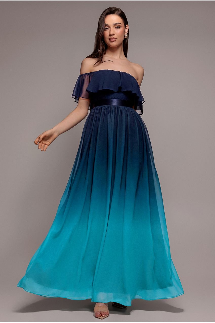 Goddiva Ombre Chiffon Bardot Frill A-line Maxi Dress – Navy Ombre