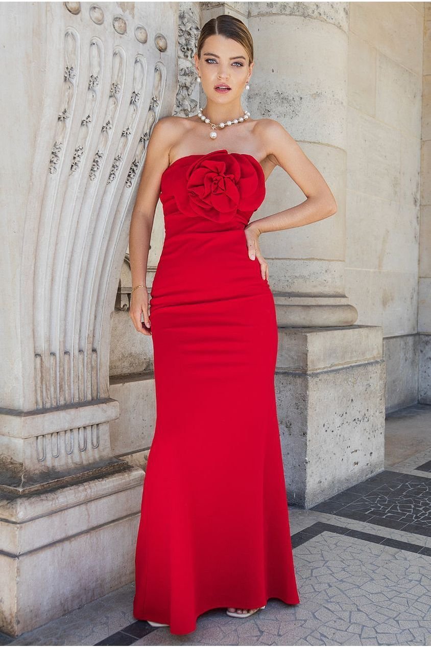 Goddiva Scuba Crepe Bandeau Rose Maxi Dress – Red