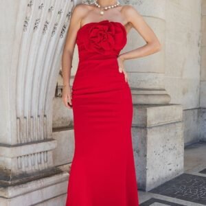 Goddiva Scuba Crepe Bandeau Rose Maxi Dress - Red