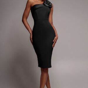 Goddiva Satin Corsage Scuba Crepe Midi Dress - Black