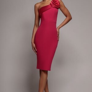 Goddiva Satin Corsage Scuba Crepe Midi Dress - Magenta