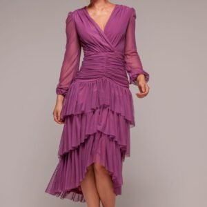 Goddiva Gathered High & Low Tiered Midaxi Dress - Berry