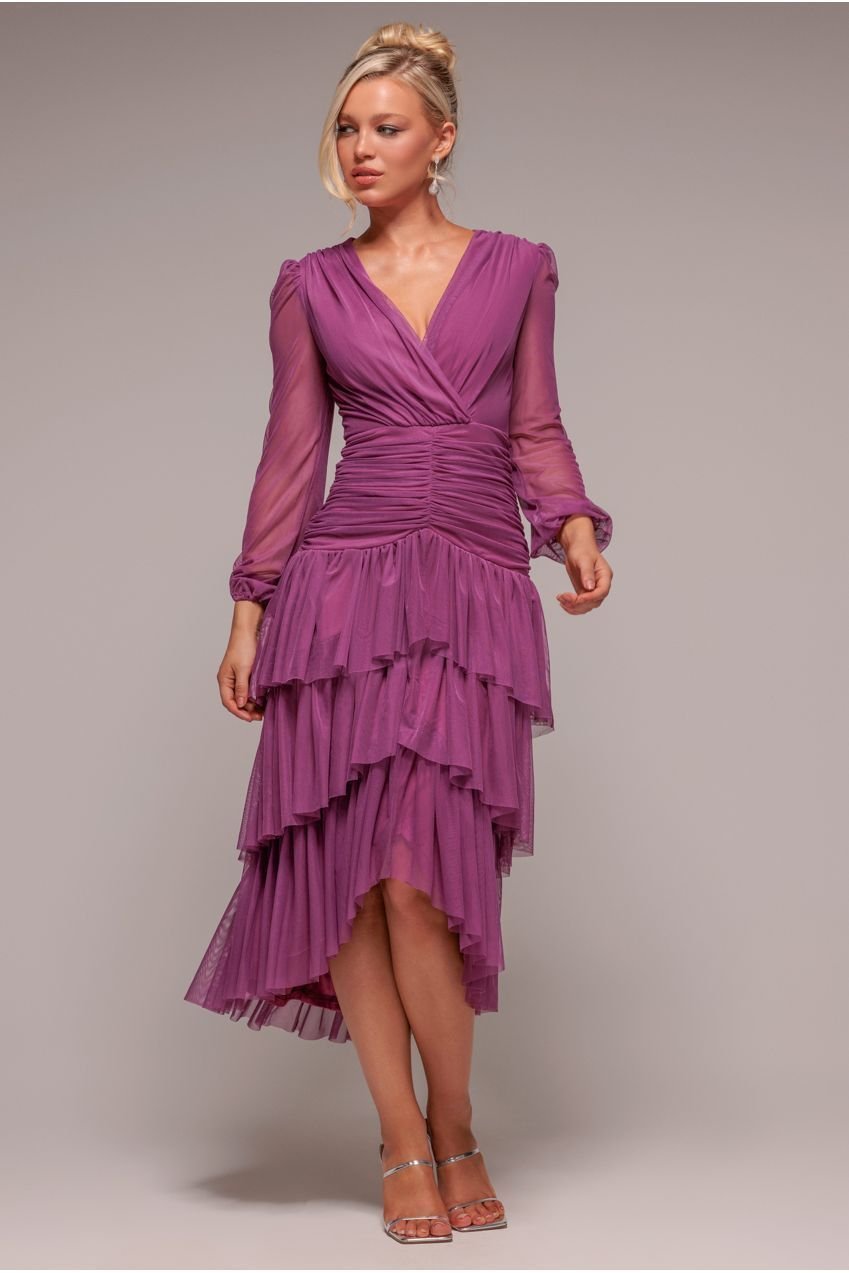 Goddiva Gathered High & Low Tiered Midaxi Dress – Berry
