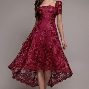 Goddiva Scalloped Neck Embroidered Lace High Low Midi Dress - Burgundy