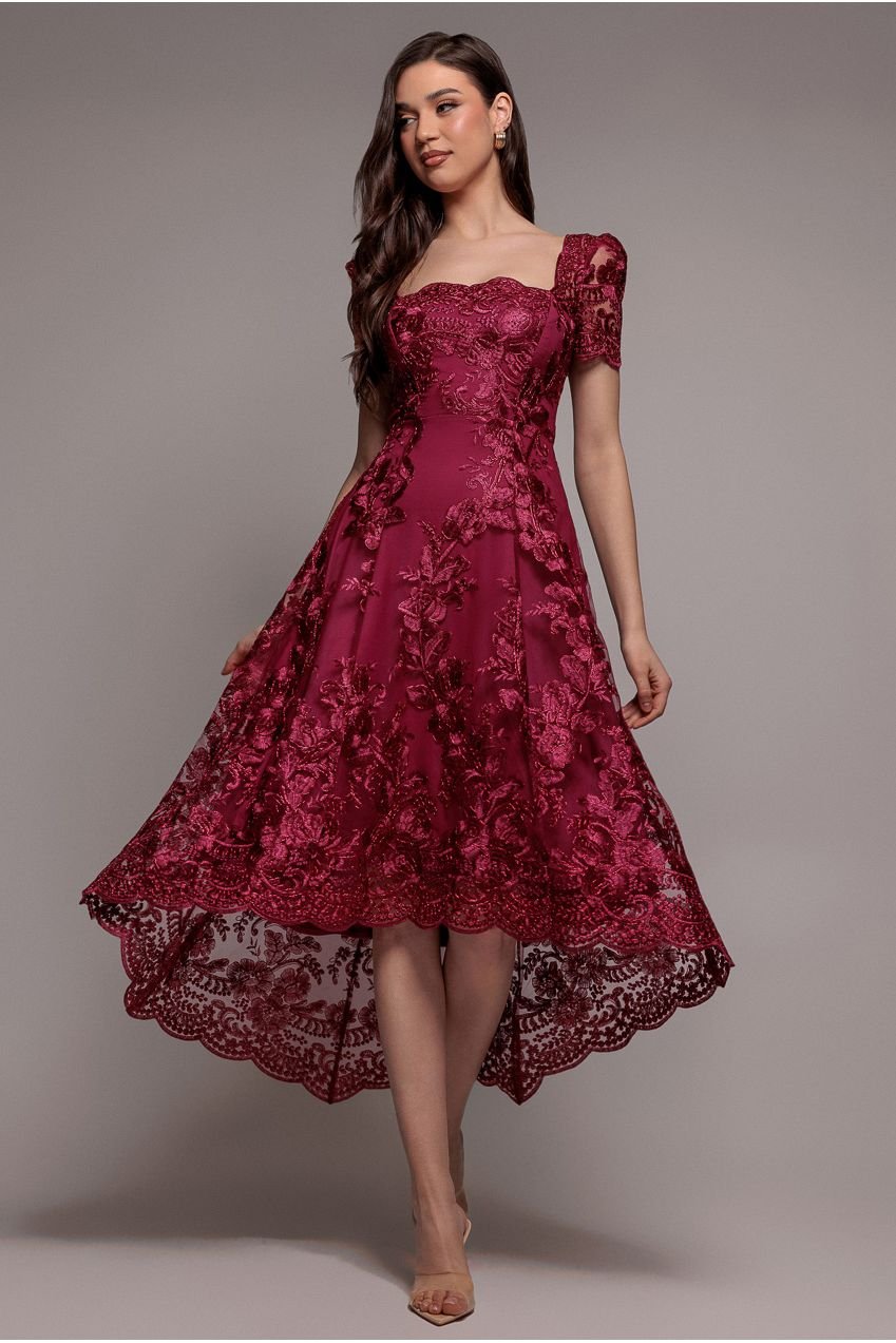 Goddiva Scalloped Neck Embroidered Lace High Low Midi Dress – Burgundy