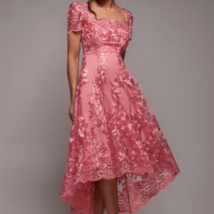 Goddiva Scalloped Neck Embroidered Lace High Low Midi Dress - Coral