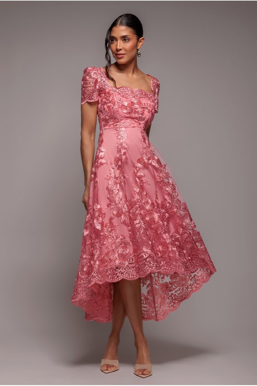 Goddiva Scalloped Neck Embroidered Lace High Low Midi Dress – Coral