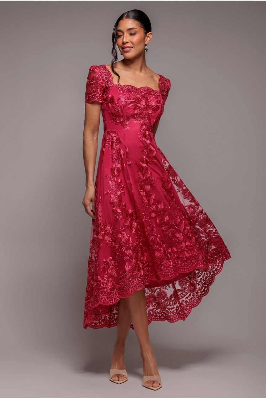 Goddiva Scalloped Neck Embroidered Lace High Low Midi Dress – Magenta
