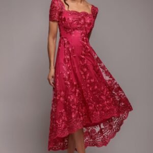 Goddiva Scalloped Neck Embroidered Lace High Low Midi Dress - Magenta