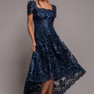 Goddiva Scalloped Neck Embroidered Lace High Low Midi Dress - Navy Blue