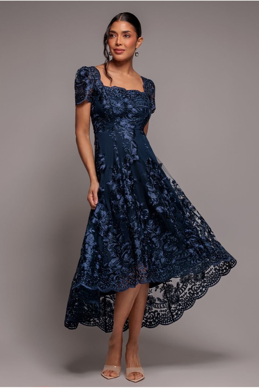 Goddiva Scalloped Neck Embroidered Lace High Low Midi Dress – Navy Blue