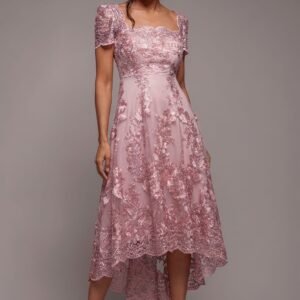 Goddiva Scalloped Neck Embroidered Lace High Low Midi Dress - Pink