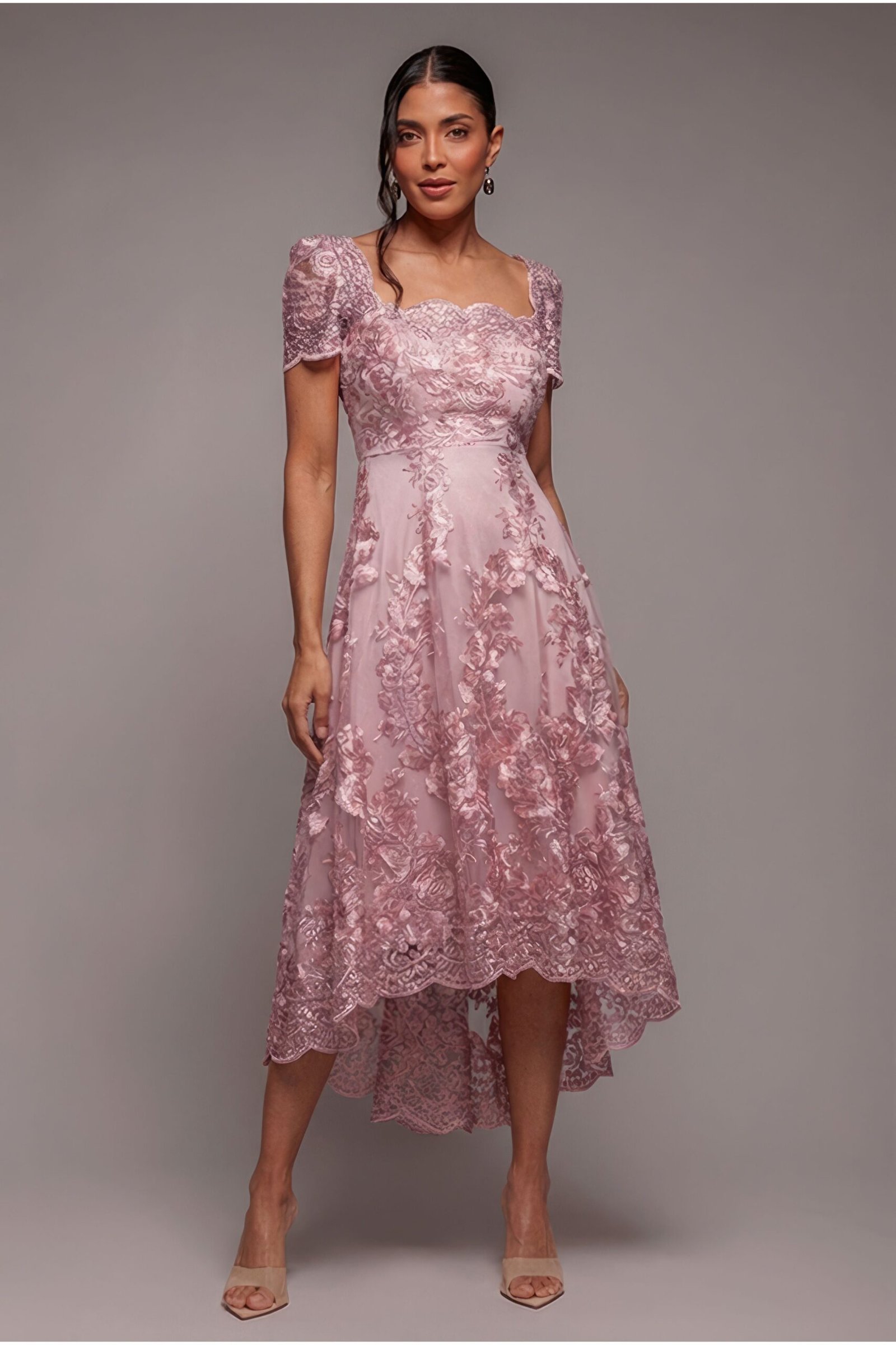 Goddiva Scalloped Neck Embroidered Lace High Low Midi Dress – Pink