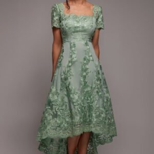 Goddiva Scalloped Neck Embroidered Lace High Low Midi Dress - Sage Green