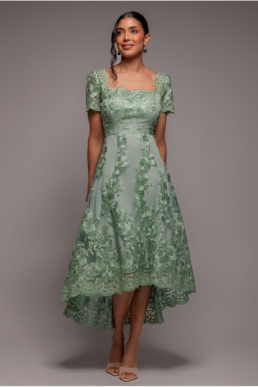 Goddiva Scalloped Neck Embroidered Lace High Low Midi Dress – Sage Green