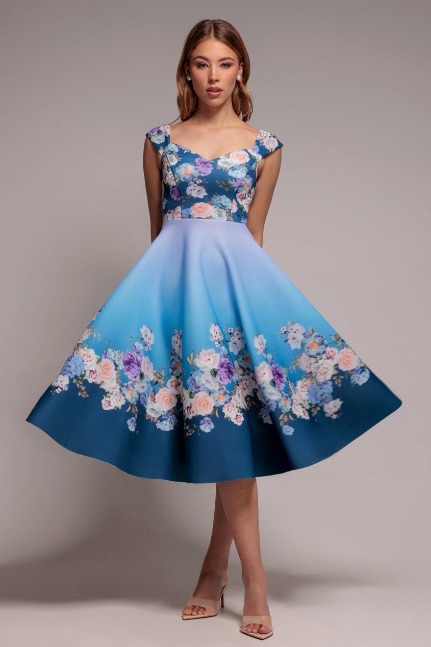 Goddiva Floral Printed Scuba Foam Skater Dress – Blue