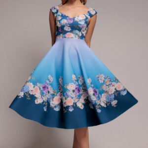 Goddiva Floral Printed Scuba Foam Skater Dress - Blue