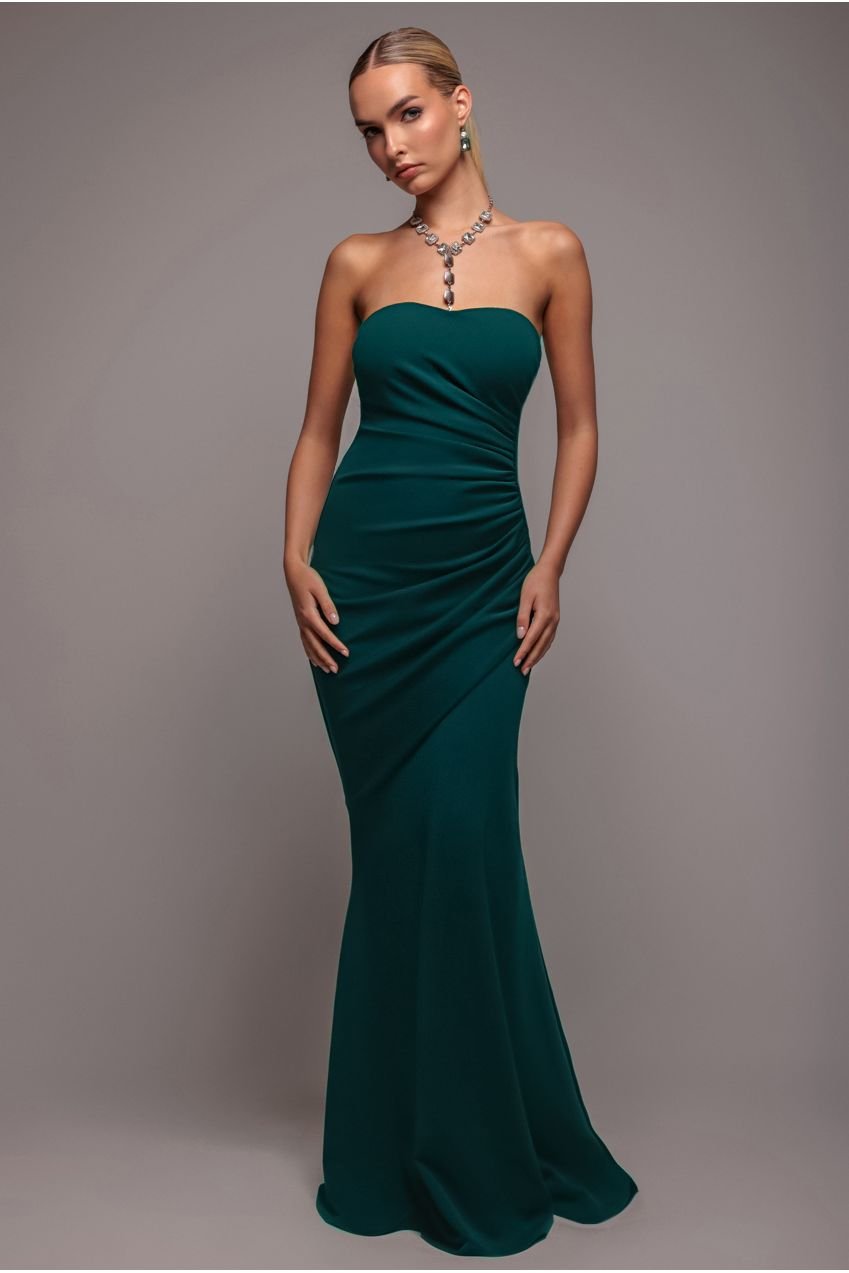 Goddiva Scuba Crepe Bandeau Maxi With Diamante Necklace – Emerald Green