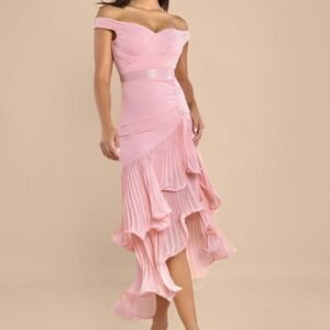 Goddiva Pleated Bardot High Low Tier Chiffon Midaxi Dress - Blush Pink