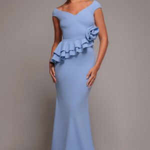 Goddiva Scuba Crepe Rose Frill Maxi Dress - Cornflower Blue