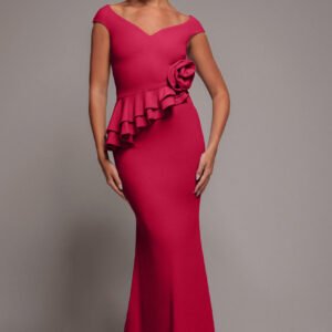 Goddiva Scuba Crepe Rose Frill Maxi Dress - Magenta