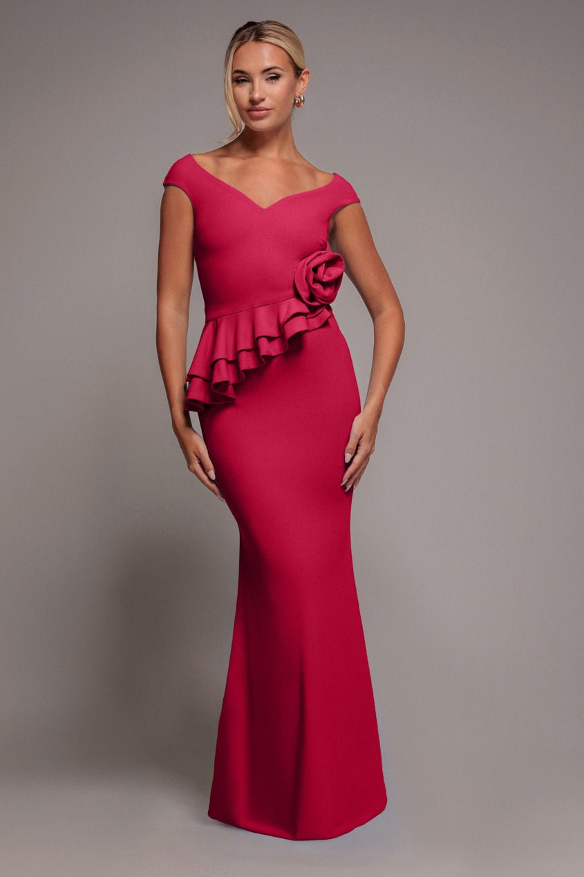 Goddiva Scuba Crepe Rose Frill Maxi Dress – Magenta