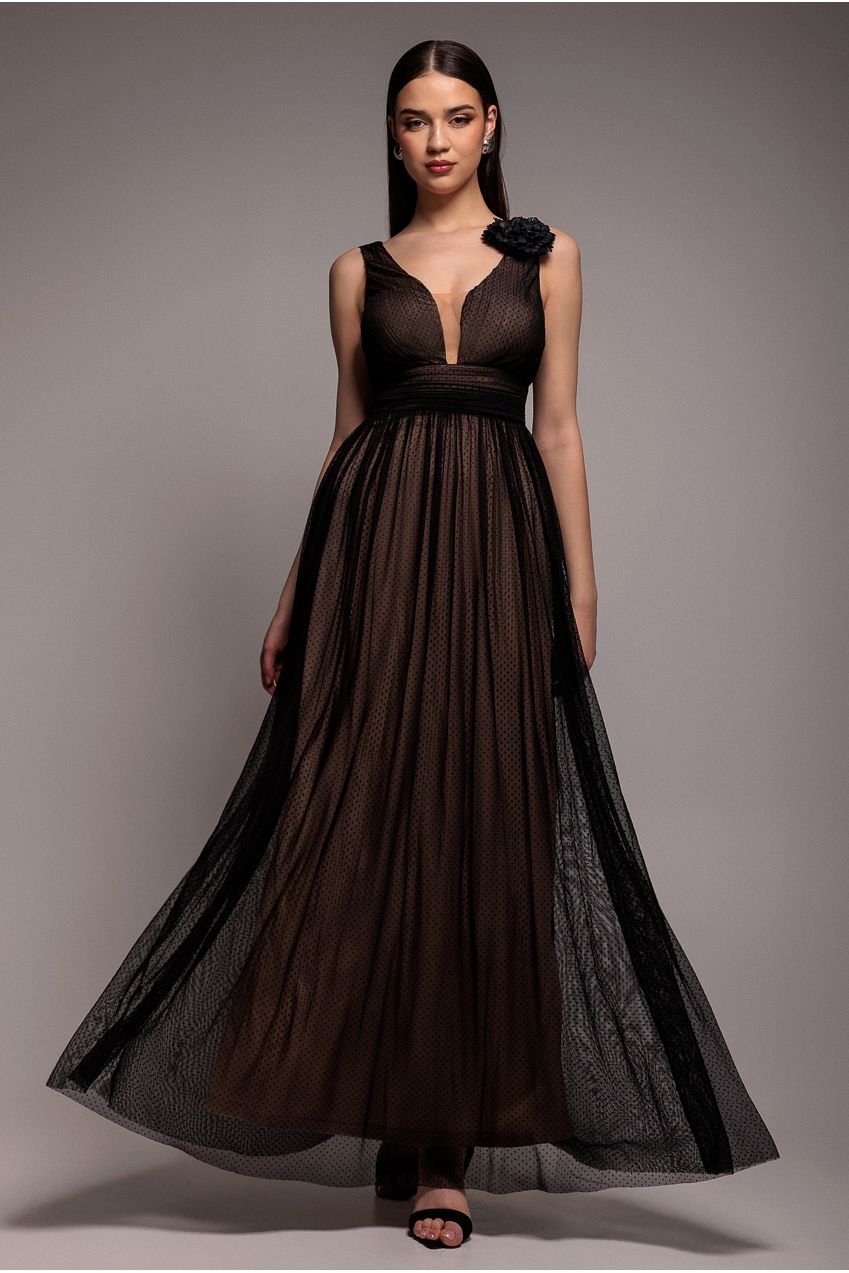 Goddiva Sleeveless Pleated Dobby Mesh Corsage Maxi Dress – Black