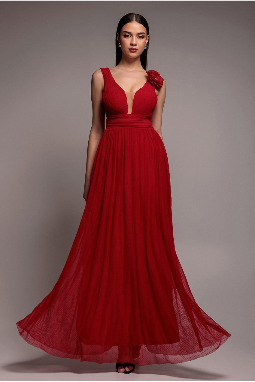 Goddiva Sleeveless Pleated Dobby Mesh Corsage Maxi Dress – Red