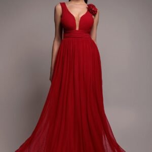 Goddiva Sleeveless Pleated Dobby Mesh Corsage Maxi Dress - Red