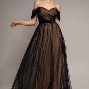 Goddiva Dobby Mesh Off The Shoulder Princess Maxi Dress - Black