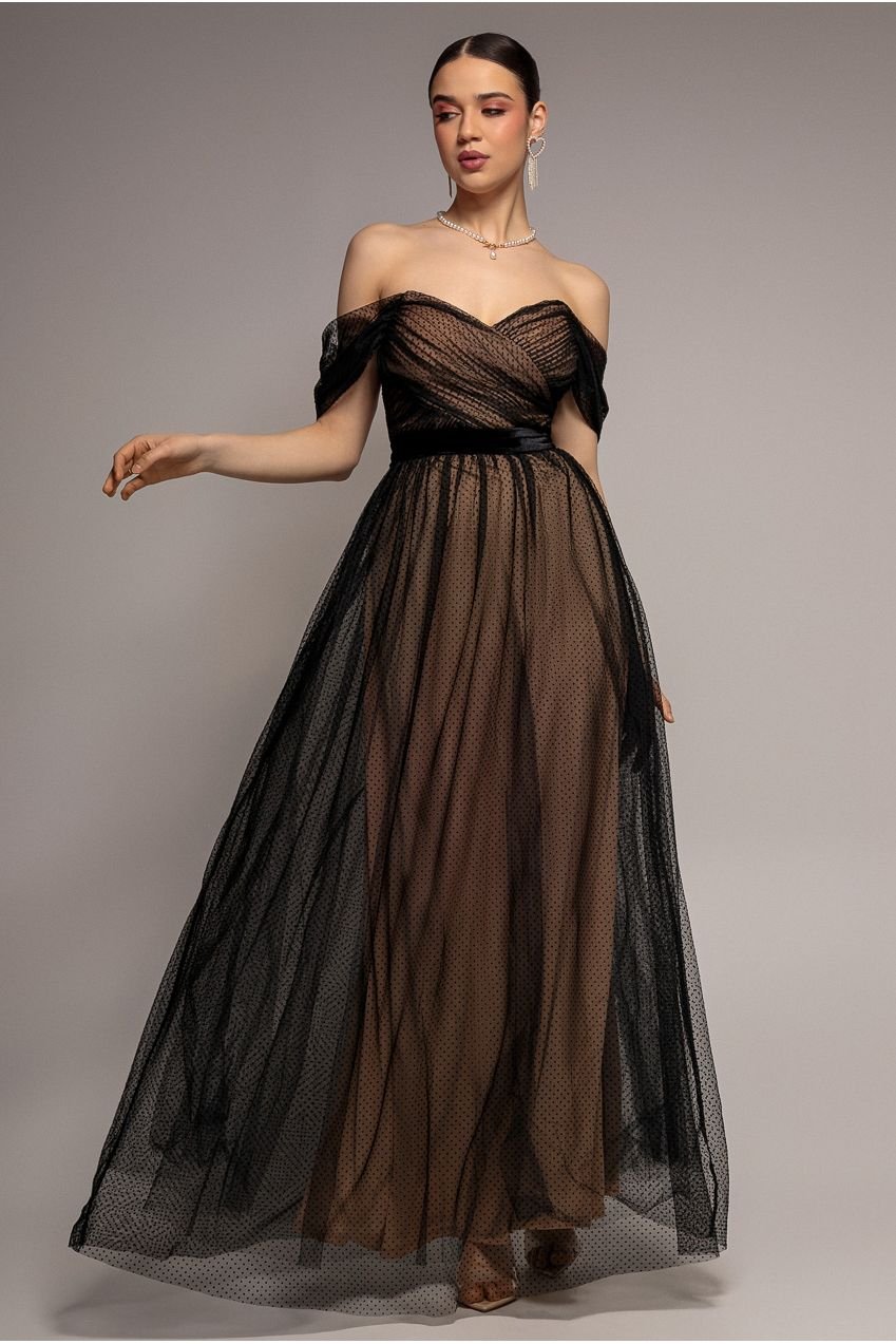 Goddiva Dobby Mesh Off The Shoulder Princess Maxi Dress – Black
