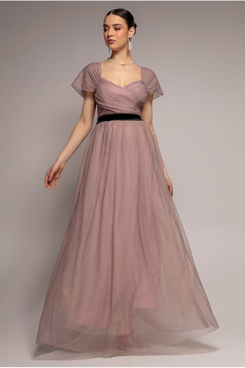 Goddiva Dobby Mesh Off The Shoulder Princess Maxi Dress – Blush
