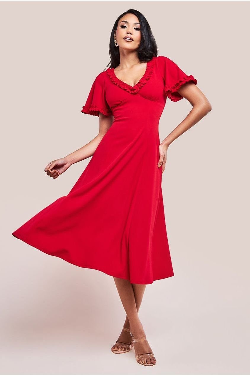 Goddiva Flare Sleeve Frill Edge Midi Dress – Red