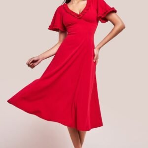 Goddiva Flare Sleeve Frill Edge Midi Dress - Red