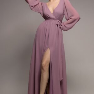 Goddiva Sustainable Front Split Wrap Style Chiffon Maxi Dress - Dusty Lavender