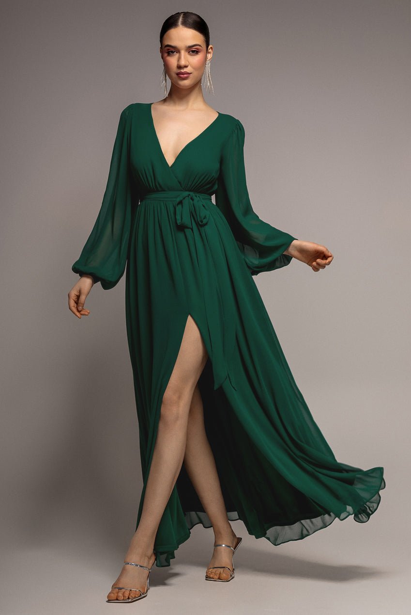 Goddiva Sustainable Front Split Wrap Style Chiffon Maxi Dress – Green