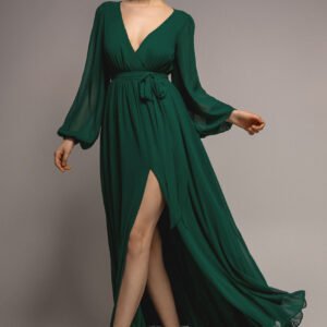 Goddiva Sustainable Front Split Wrap Style Chiffon Maxi Dress - Green