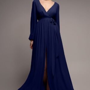 Goddiva Sustainable Front Split Wrap Style Chiffon Maxi Dress - Navy Blue