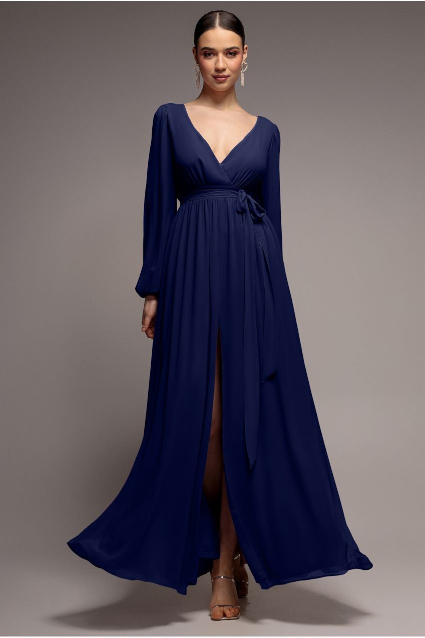 Goddiva Sustainable Front Split Wrap Style Chiffon Maxi Dress – Navy Blue