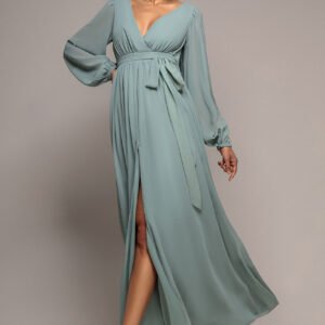 Goddiva Sustainable Front Split Wrap Style Chiffon Maxi Dress - Sage Green