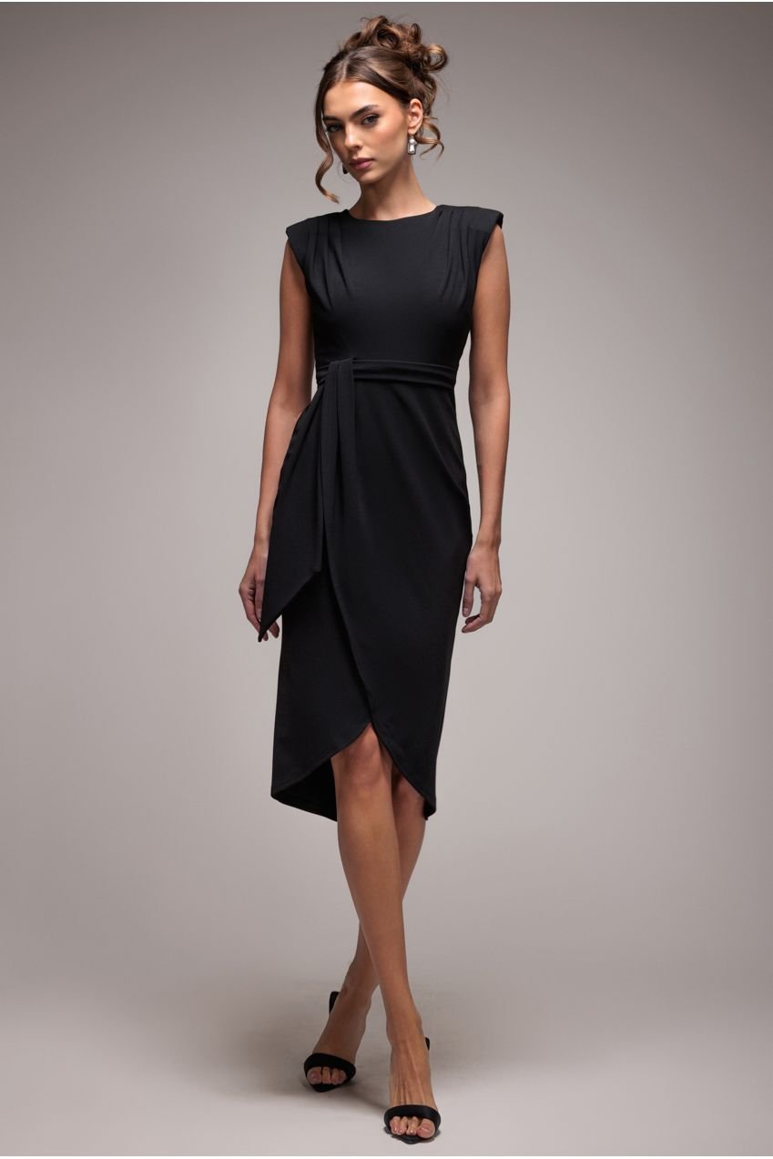Goddiva Sleeveless Asymmetric Wrap Midi Dress – Black