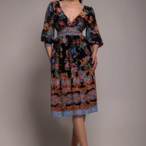 Goddiva Chiffon Wrap Border Floral Print Midi Dress - Black