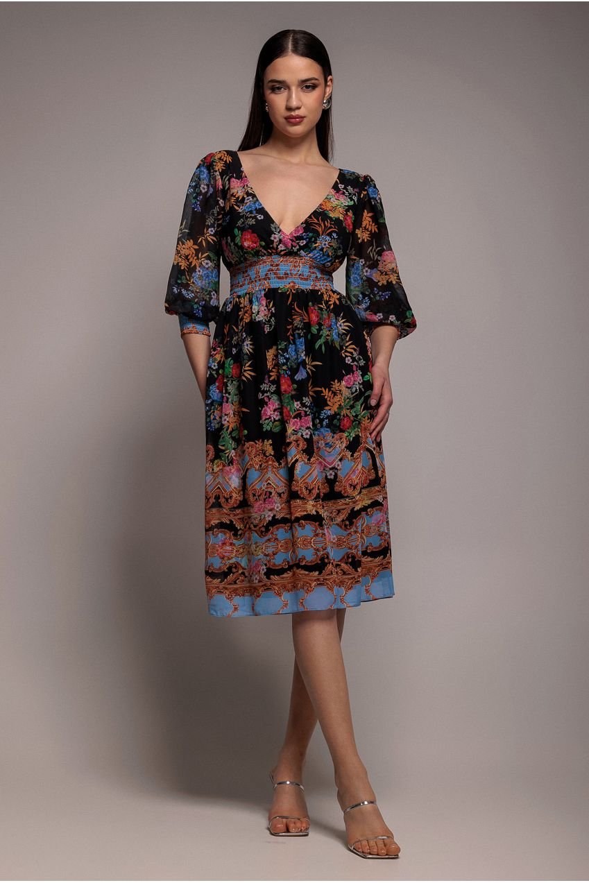 Goddiva Chiffon Wrap Border Floral Print Midi Dress – Black