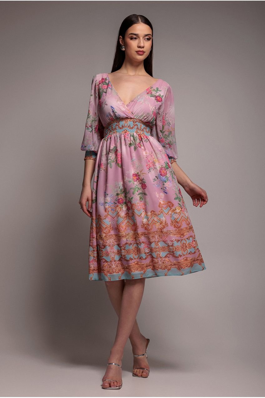 Goddiva Chiffon Wrap Border Floral Print Midi Dress – Pink